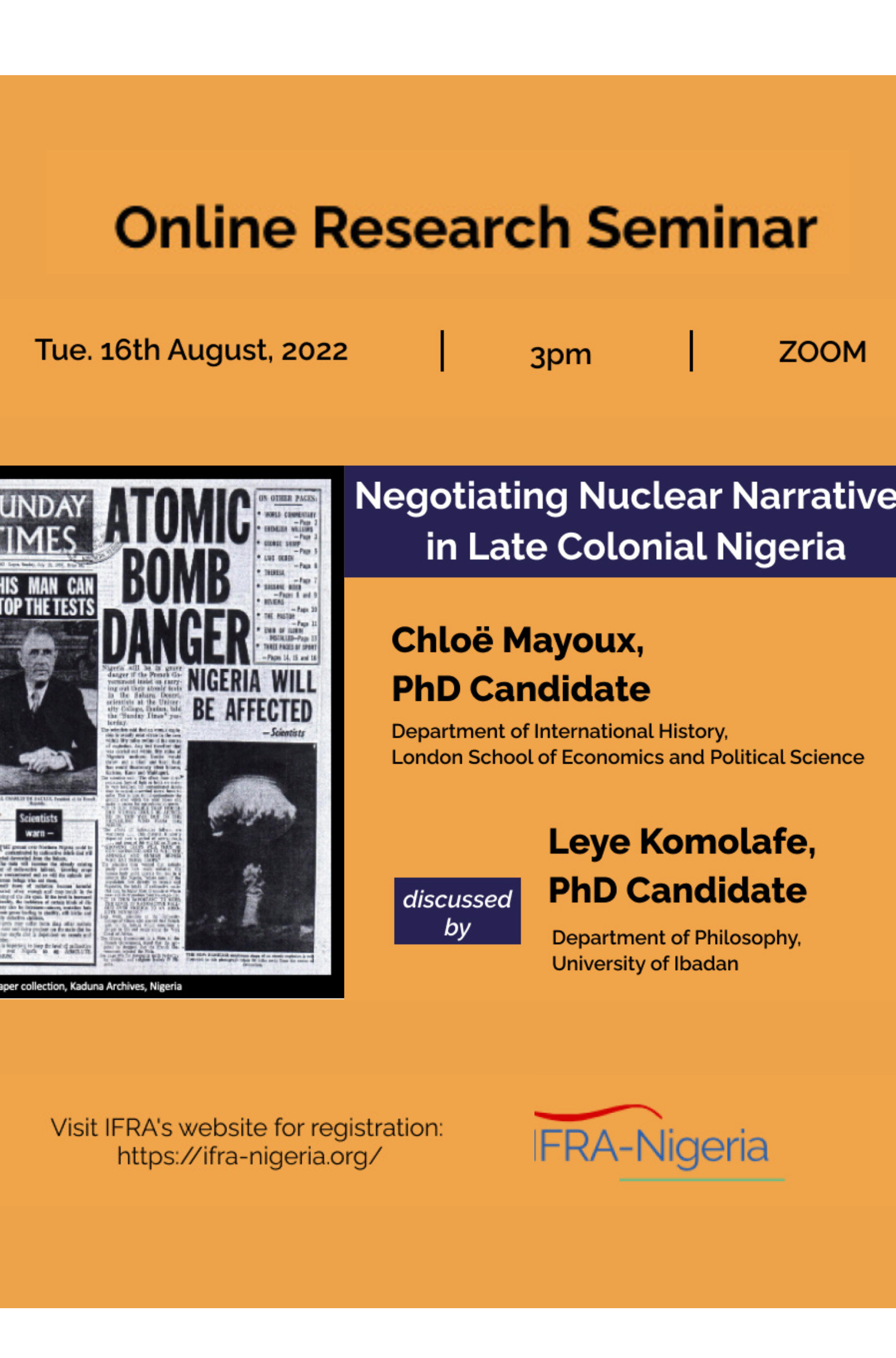 Online Research Seminar - Negotiating Nuclear Narratives in Late Colonial Nigeria - Tue 16th Aug.- 3pm (WAT, Lagos)