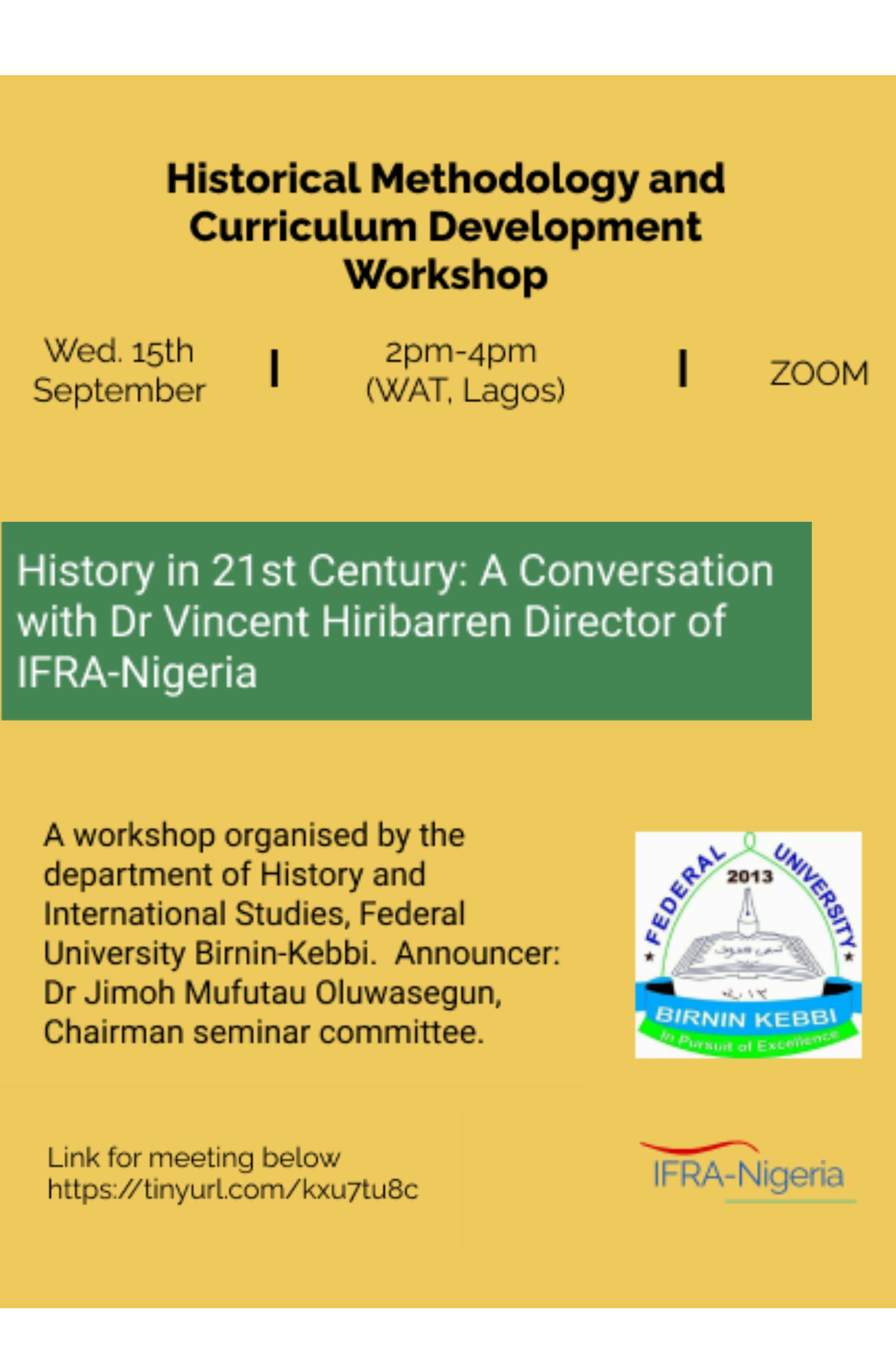 Historical Methodology and Curriculum Development Workshop (Wed 15 Sep 2p-4pm online)